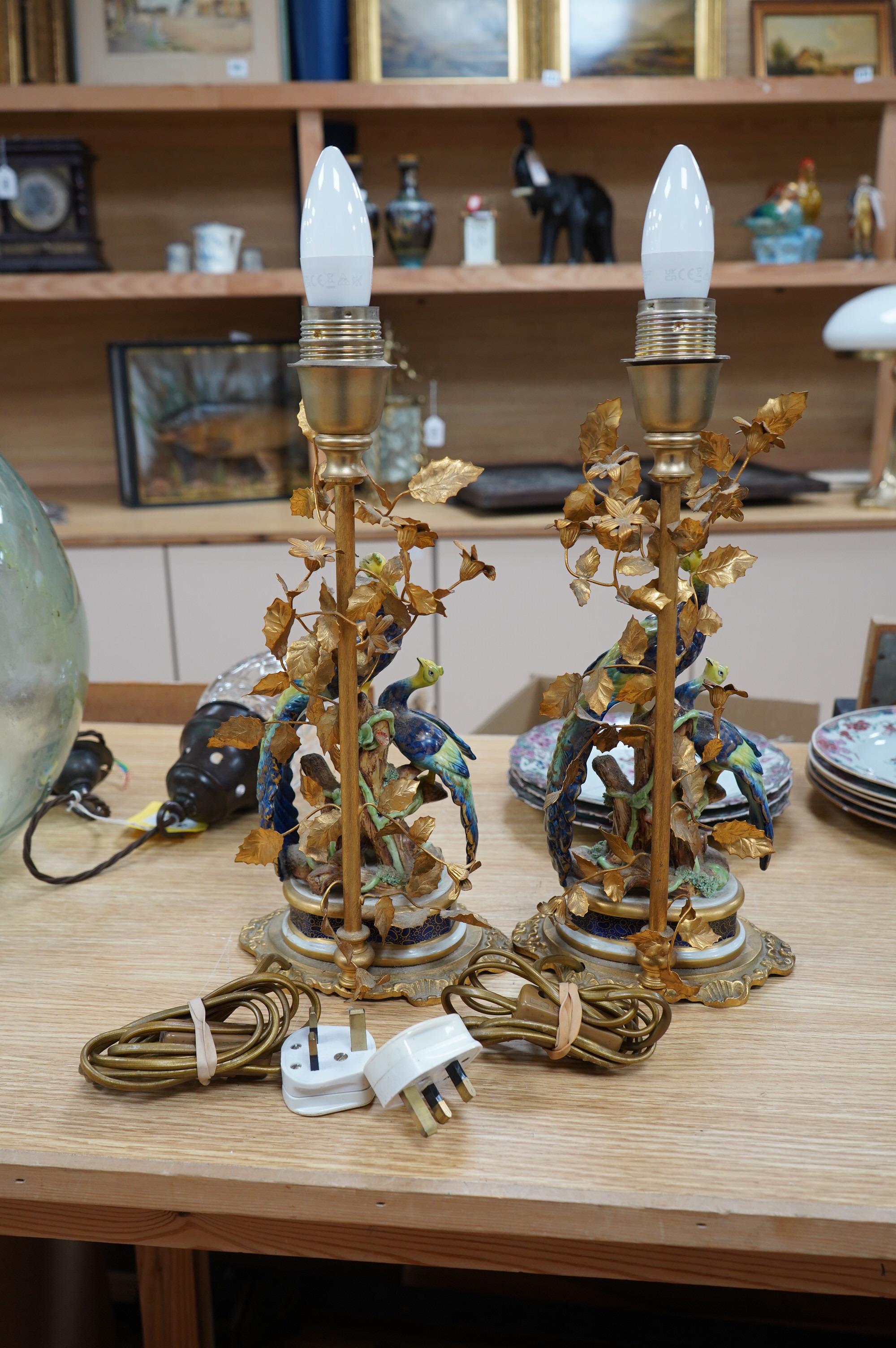 A pair of Sevres gilt metal and ceramic ‘pheasant’ table lamps, 38cm. Condition - good, not tested